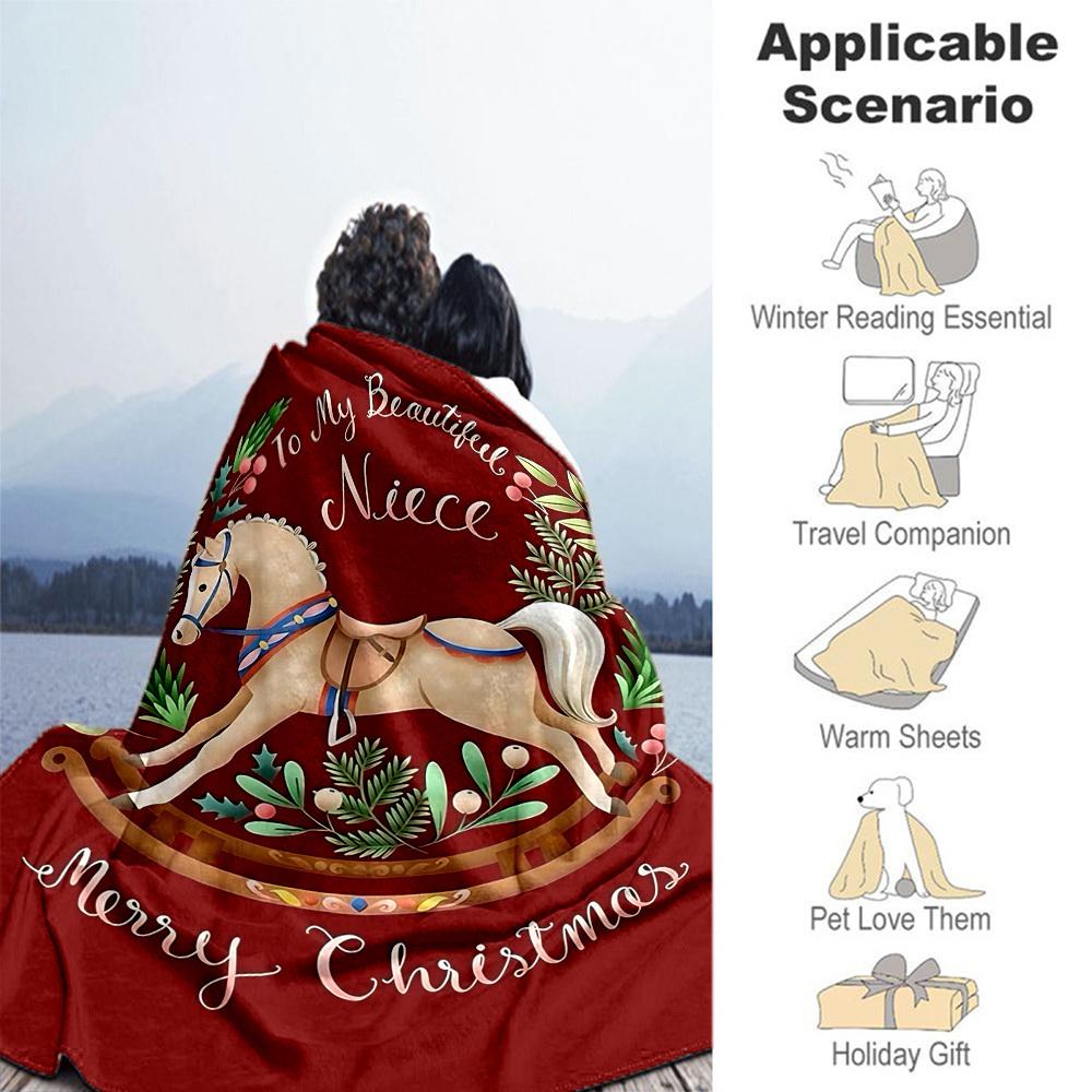 1PC Rocking horse Merry ChristmasOutdoor Flannel Blanket - Soft Plush Decor for Picnics, camping, Bedroom, Playroom, Office, or Lunch Break 1228A