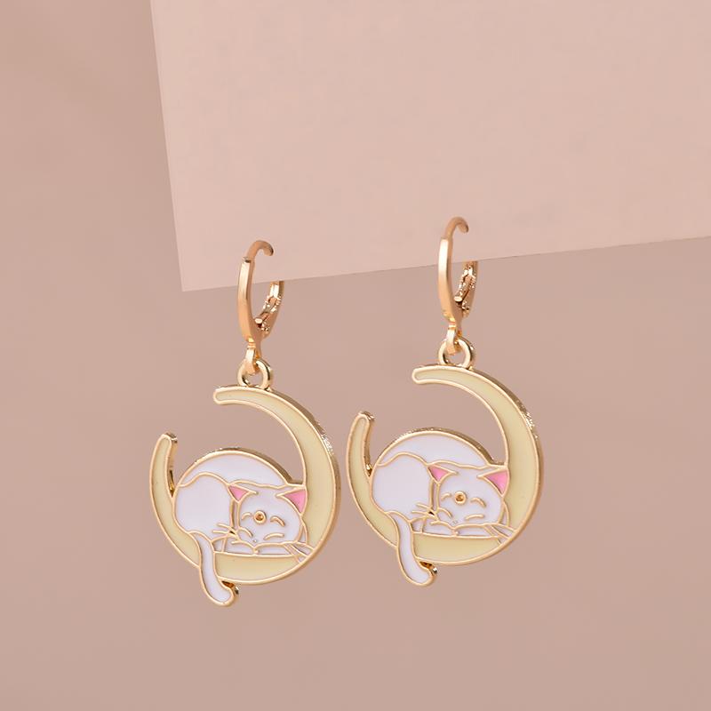 Colorful Aesthetic Animal Cat Rabbit Koi Dragon Earrings For Women Girls Enameled Delicate Gold Color Hoop Earrings Zircon Gift
