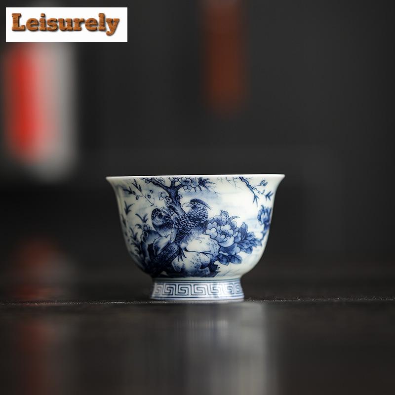 90 мл старинная сине-белая чайная чашка с чернилами, цветами и птицами, чашка для медитации, дегустационная чашка для гостя, персональная чайная чаша, чайный сервиз в стиле кунг-фу