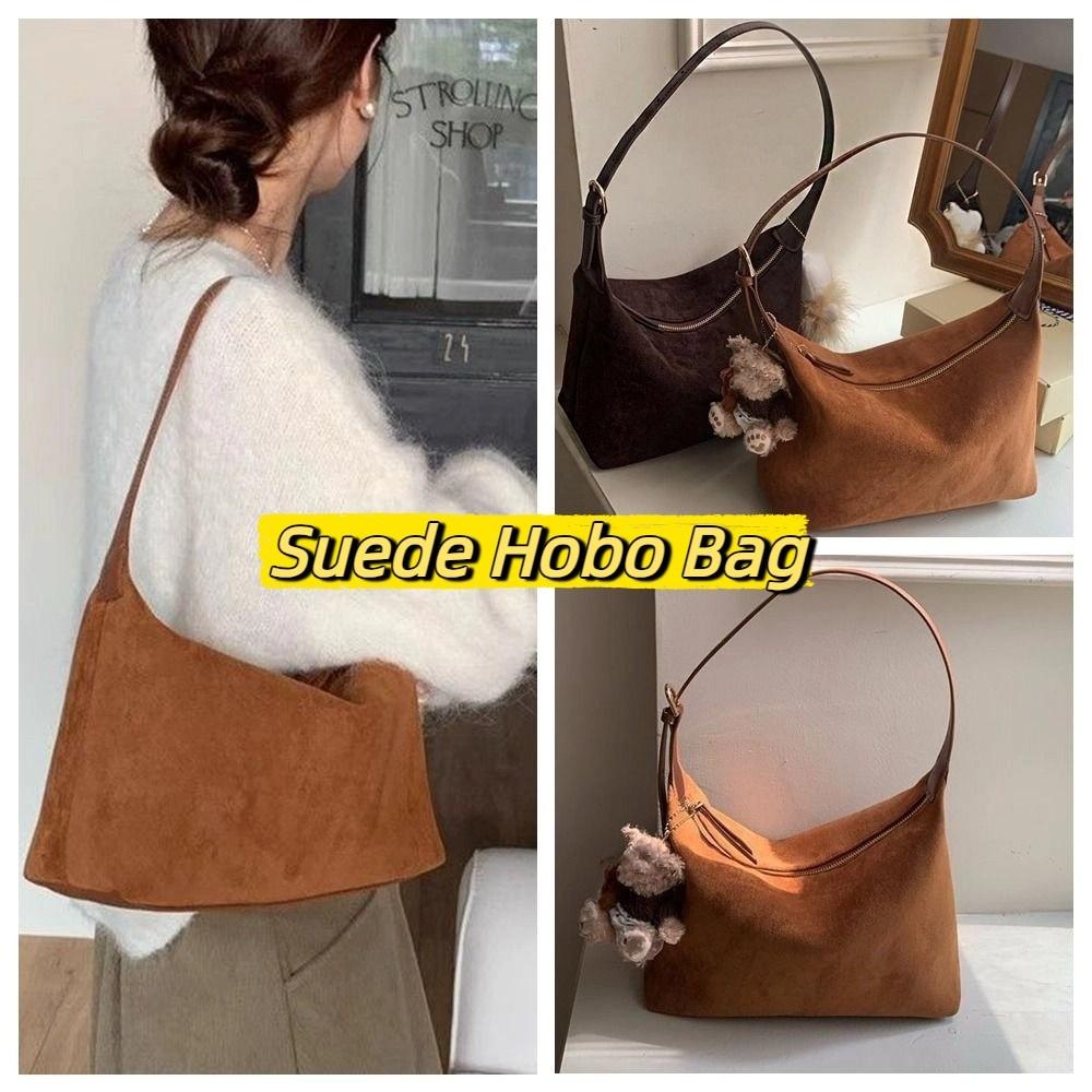 Simple Handbag Suede Shoulder Bag Solid Color Large Capacity Hobo Bag Korean Style Fashion Ladies Crossbody Bag Holiday