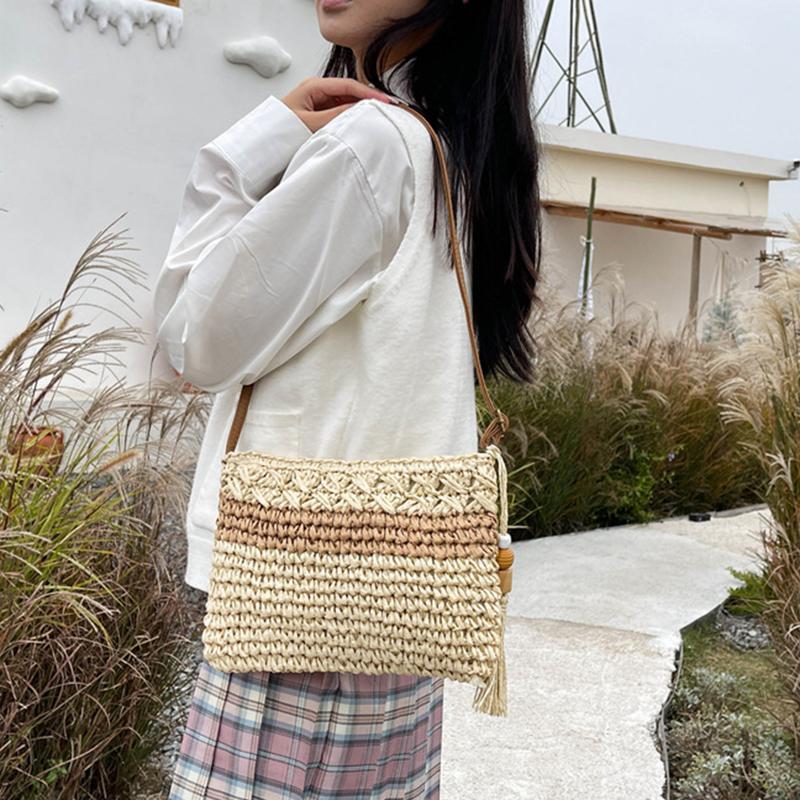 Yogodlns Женская летняя пляжная сумка через плечо с выемкой, большая вместимость, плетеная соломенная дорожная сумка с регулируемым ремешком, сумка через плечо