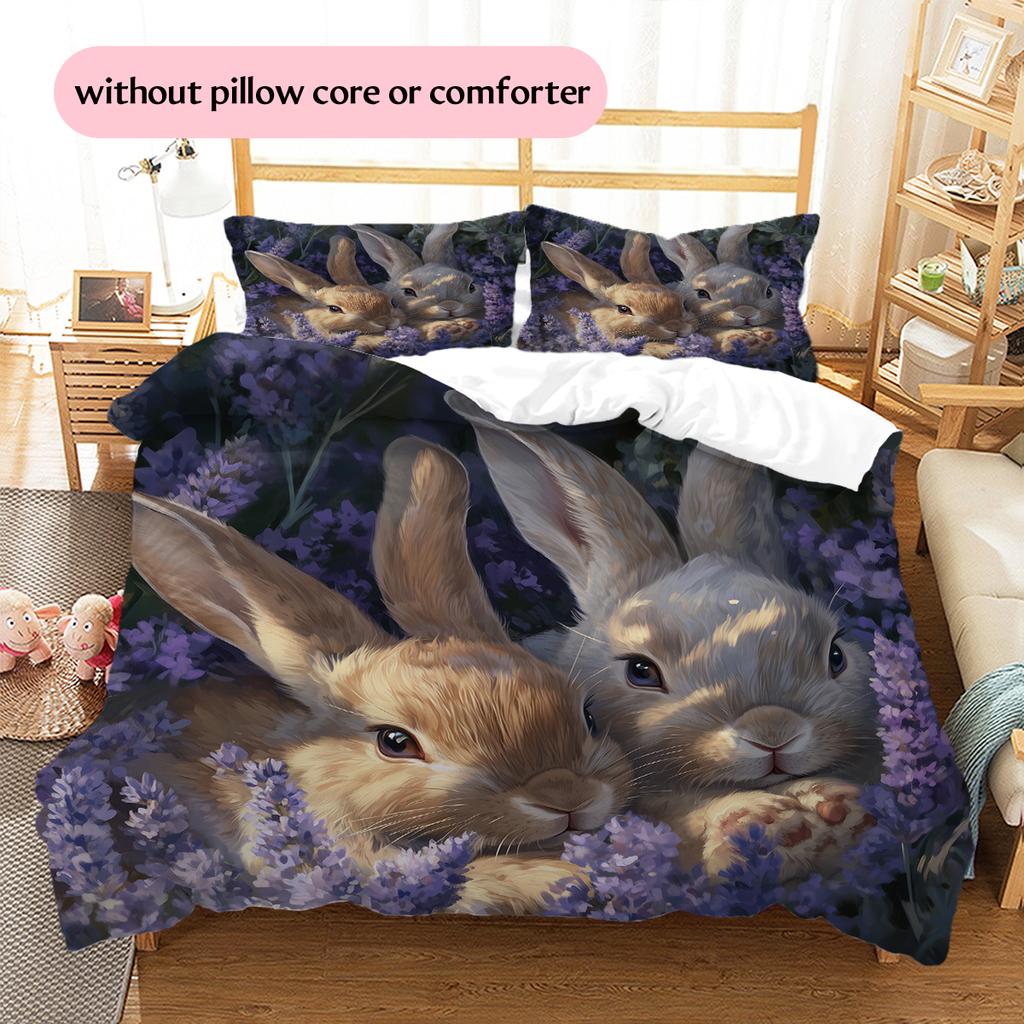 Rabbit and Fresh Flowers Pattern Bedding Home Decoration Birthday Gift (1 * duvet cover + 2 * pillowcase, without core)