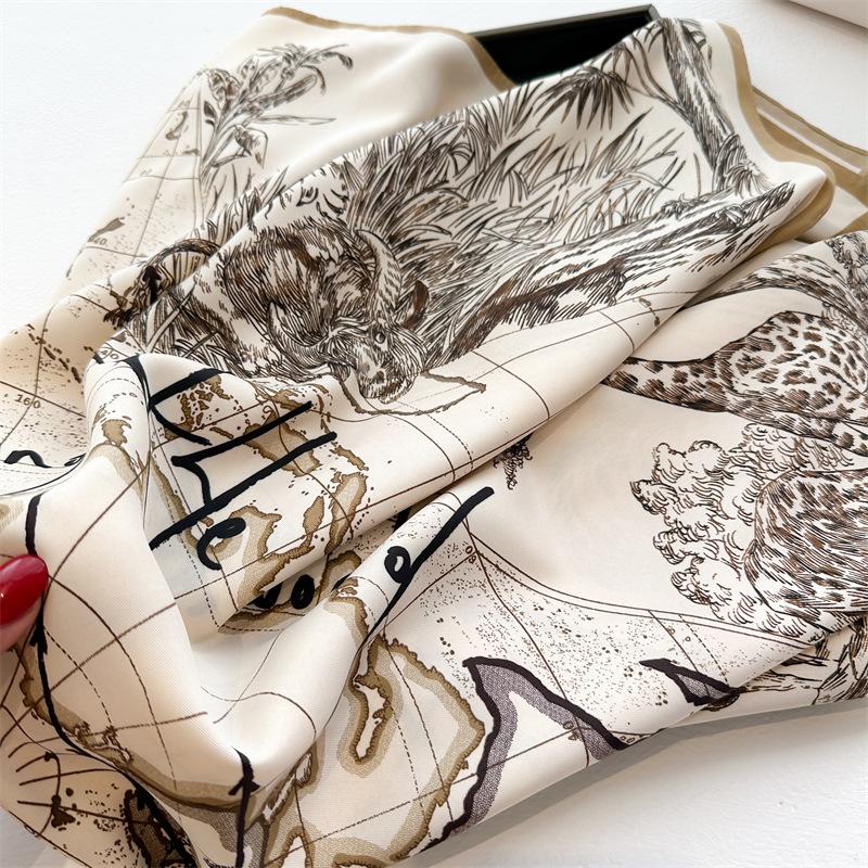 Spring Summer Luxury Design Women 90X90cm Square Silk Scarf Landscape Print Hijab Foulard Ribbon Wrap Hairband Headband Mom Gift