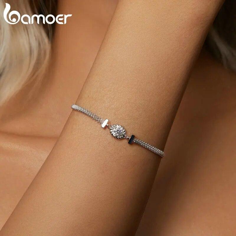 Bamoer 925 Sterling Silver Chic Moissanite Bracelet Retro Braided Silver Lab Diamond Chain Link Women Valentine's Day Jewelry