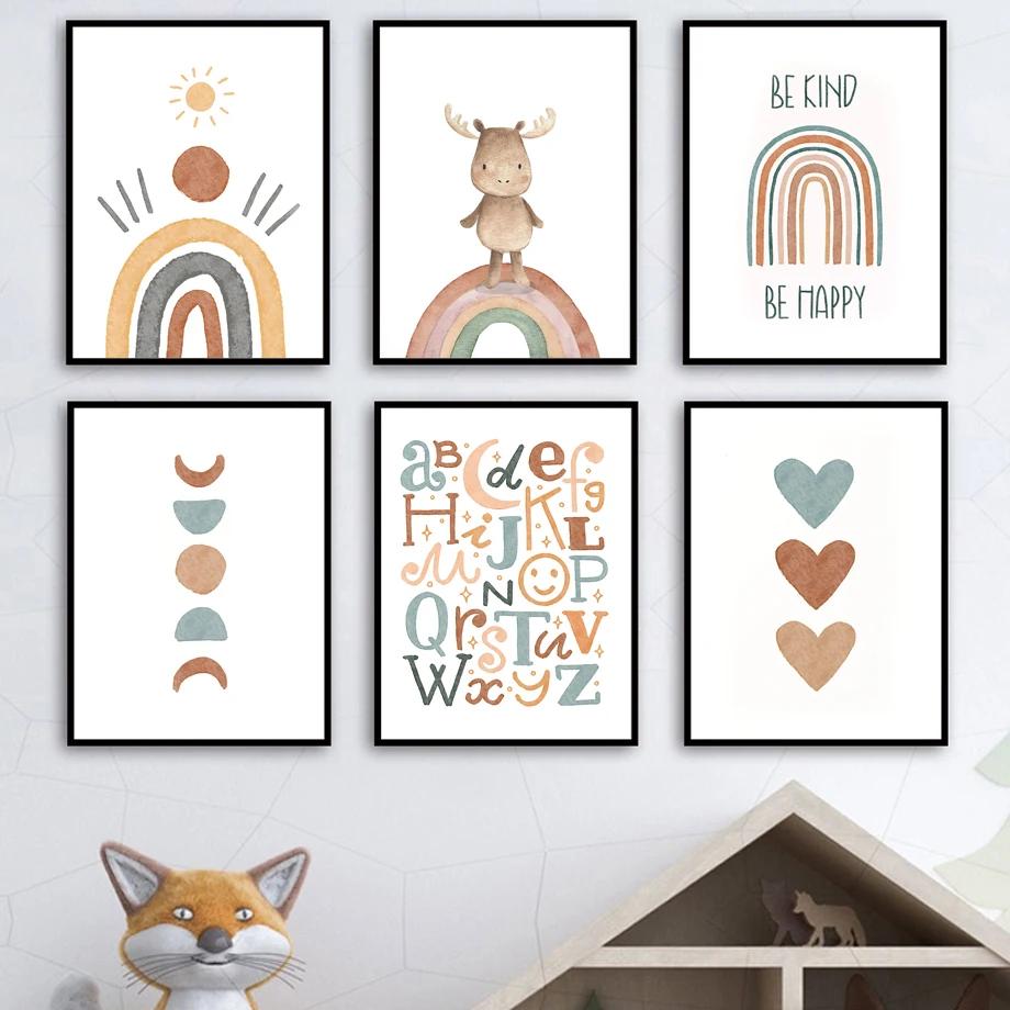 Алфавит Радужные Ворота Олень Солнце Сердце Мультяшный Настенный Декор для Детской Комнаты Холст Живопись Постеры и Принты Настенные Картины Декор Детской Комнаты
