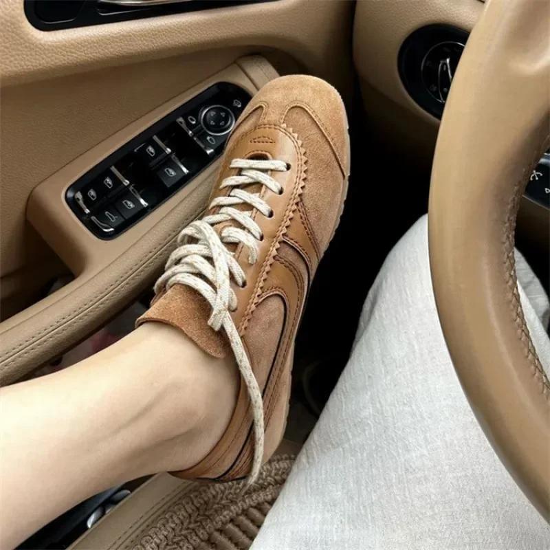 Модная удобная европейская натуральная кожа высокий нишевый ретро немецкие тренировочные туфли женские летние дышащие на плоской подошве спортивные туфли для скейтборда