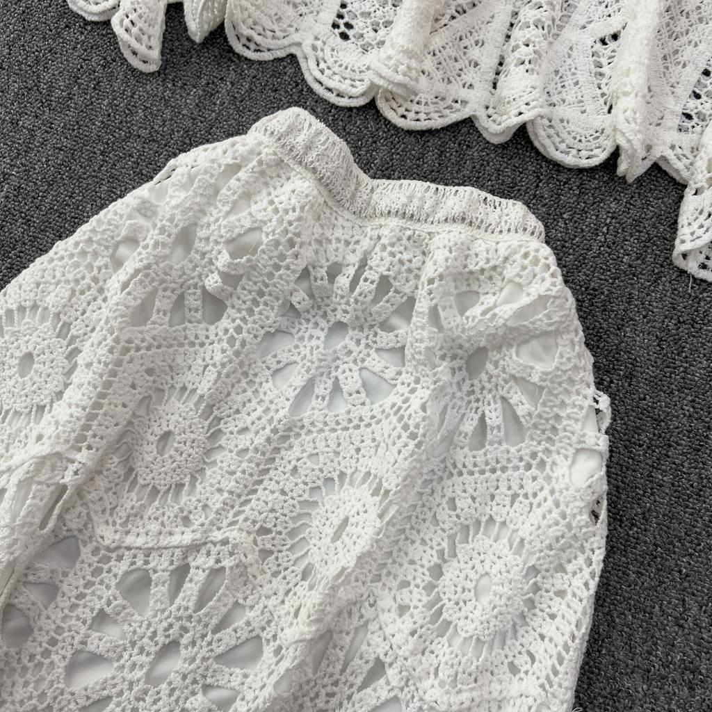 Dimanaf New 2025 Skirt Suit Women Knitting Beach Short Sleeve Lace Hollow Out Sexy O-Neck Hollow Summer Style Tops Tees Loose Basic