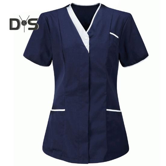 Nurse Uniform Scrubs Tops Women V-neck Short Sleeve Pockets Overalls Uniforms Patchwork Color Nursing Working Tops Workwear