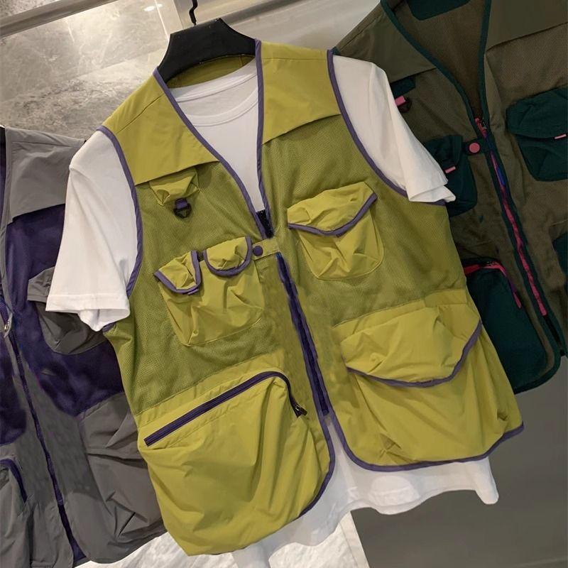 Outdoor mountain style leisure sports vest fishing for men and women, multi-pocket couple vest, hiking functional style color-block vest