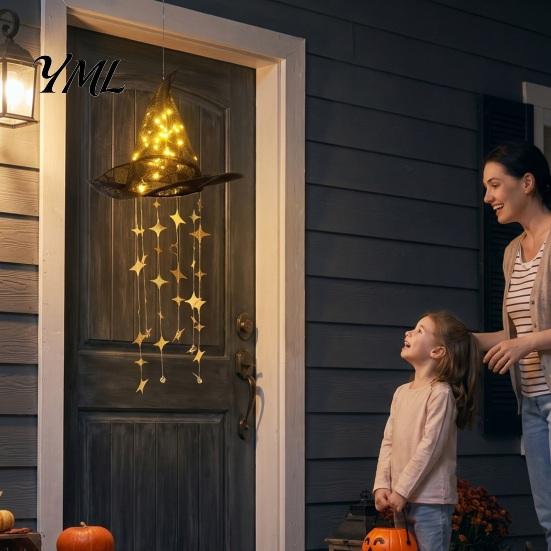 Sparkling Star Hanging Props Lighted Witch Hat Chime, Halloween LED Ornament with Luminous Lights Tassels, Magical Light for Porch Window Patio Indoor