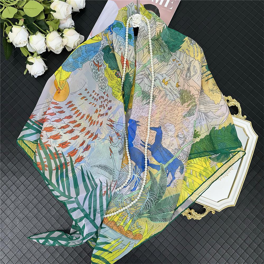 POBING Silk Cashmere Scarf Women Hand Rolled Shawls Fashion Printed Square Scarves Wraps Lady Bandana Big Hijabs Female Foulards