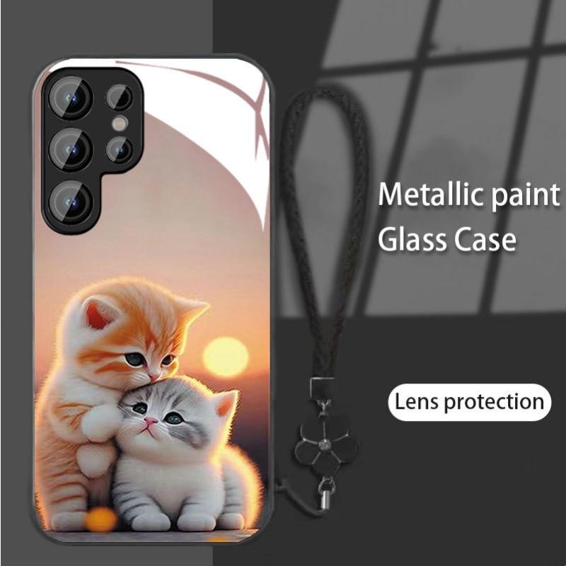 Кошки Подходящий для Samsung S24PLUS Чехол для мобильного телефона S23 Девушки S22 Приятный для кожи A52 Стеклянный чехол A54 Все включено A14
