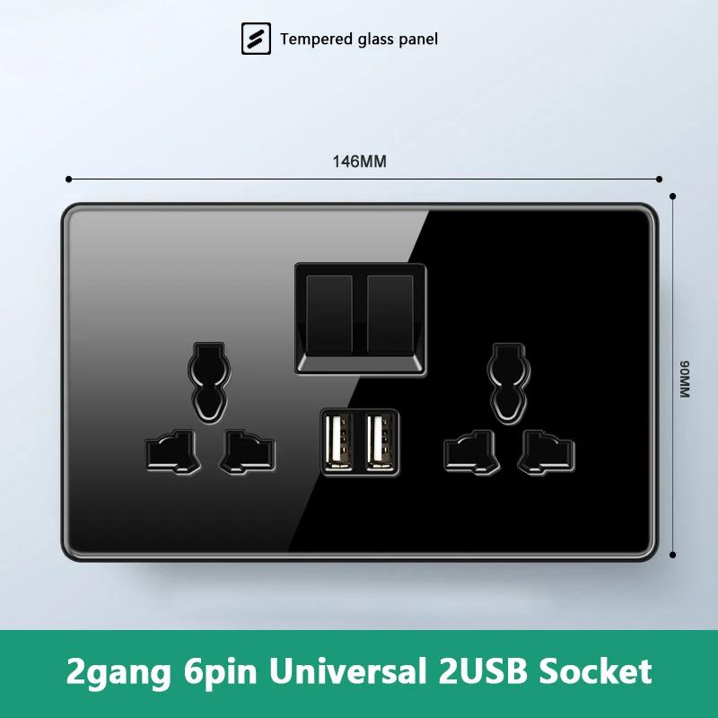 Роскошный настенный выключатель света из закаленного стекла, черная вилка UK 13A, универсальная настенная розетка с USB, 220 В, 1-канальный двухпозиционный переключатель скорости