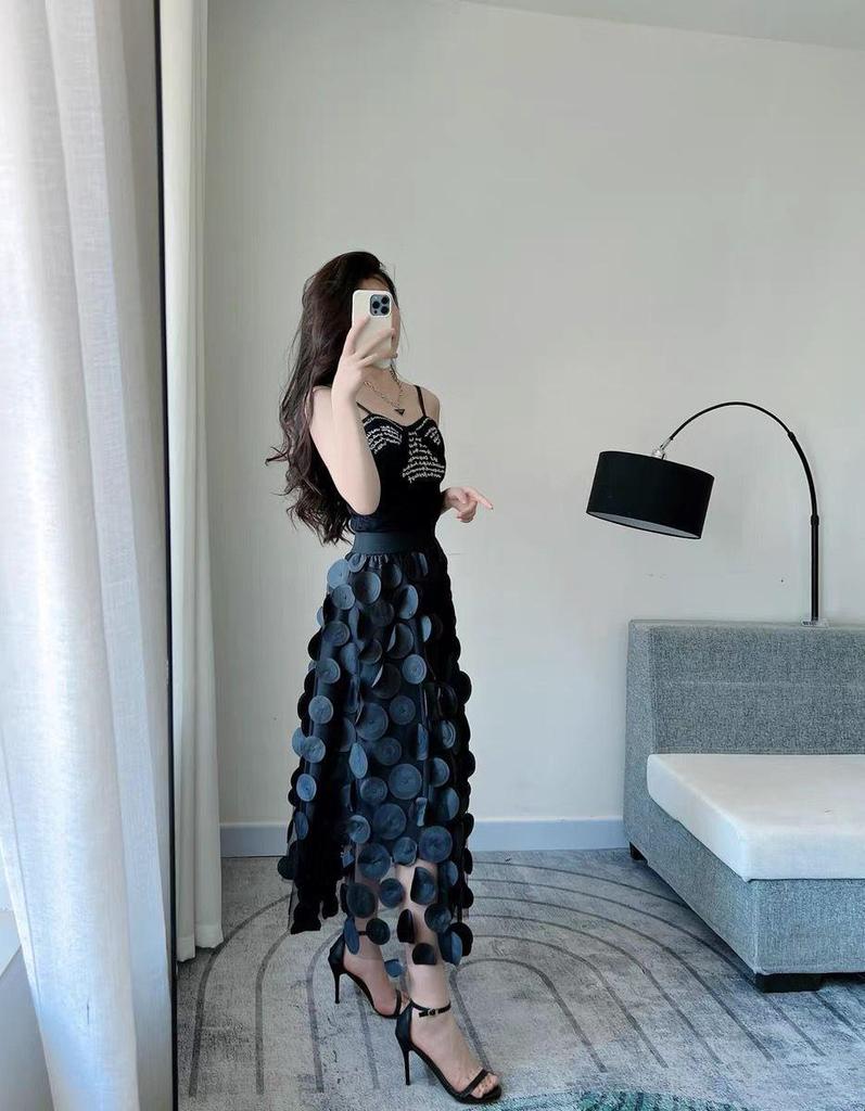 Women's European-Style Black Midi Skirt - 2025 High-End Mesh A-Line Umbrella Design