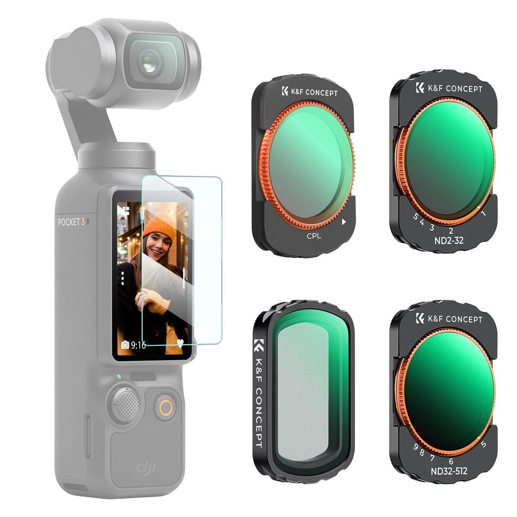 Concept for DJI OSMO Pocket 3 Black Magnetic Detachable Easy to AGC Optical Nano Waterproof and K&F (ND2-32+ND32-512+CPL+1/4 Mist) Mount, Attach,