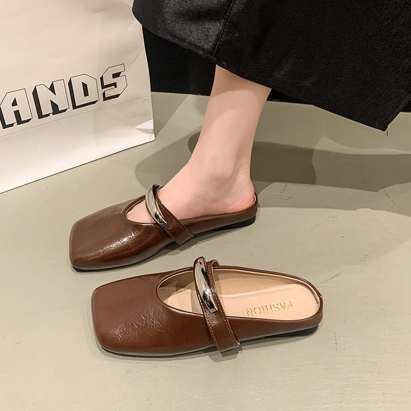 Французские женские летние мюли с плоской подошвой и закрытым носком, 2025 новинка, ленивые тапочки на одной педали для беременных