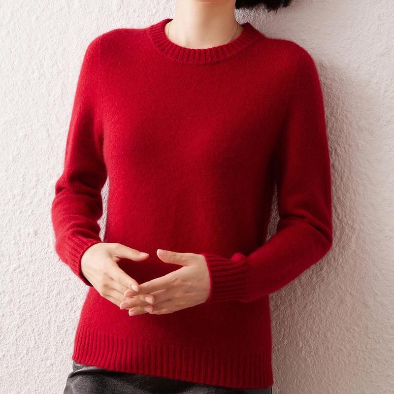 Women's 7-Gauge Double-Ply Cashmere Sweater - Autumn/Winter 2026 Collection, Versatile Solid Color Round Neck Sweater