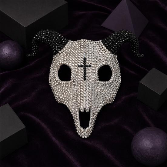 Black And White Mask Halloween Rhinestone Full Face Mask, Skull Ram Horn Comfortable Headgear Masquerade Sparkly Crystal Glitter Party for Adults
