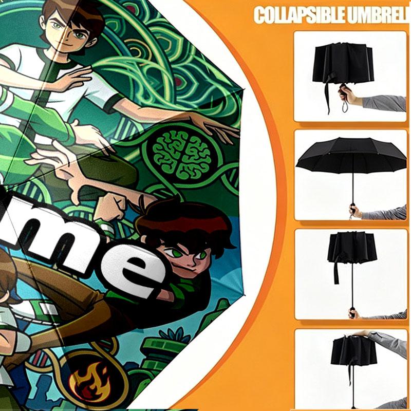 Custom Name Personalized Ben 10 Cartoon Print Umbrella, Auto Open Close, 8‑Rib Sturdy Frame, Commute Camping Hiking Use, Birthday Gift