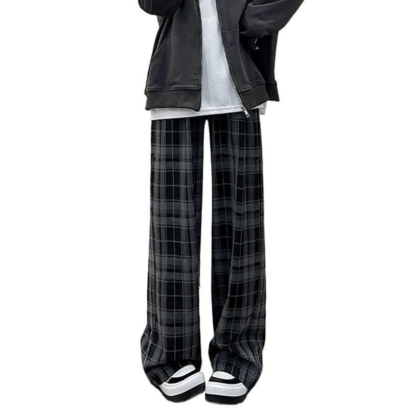 Women's Black & White Plaid Wide-Leg Trousers - Loose Fit, Floor-Length, Perfect for Spring/Autumn