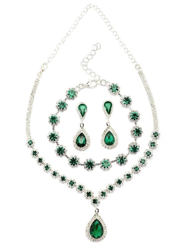 Stylish AD Stone Diamonds Studded Rhodium Plated Silver Green Drop Choker Necklace with Drop Earring Combo Jewellery Set