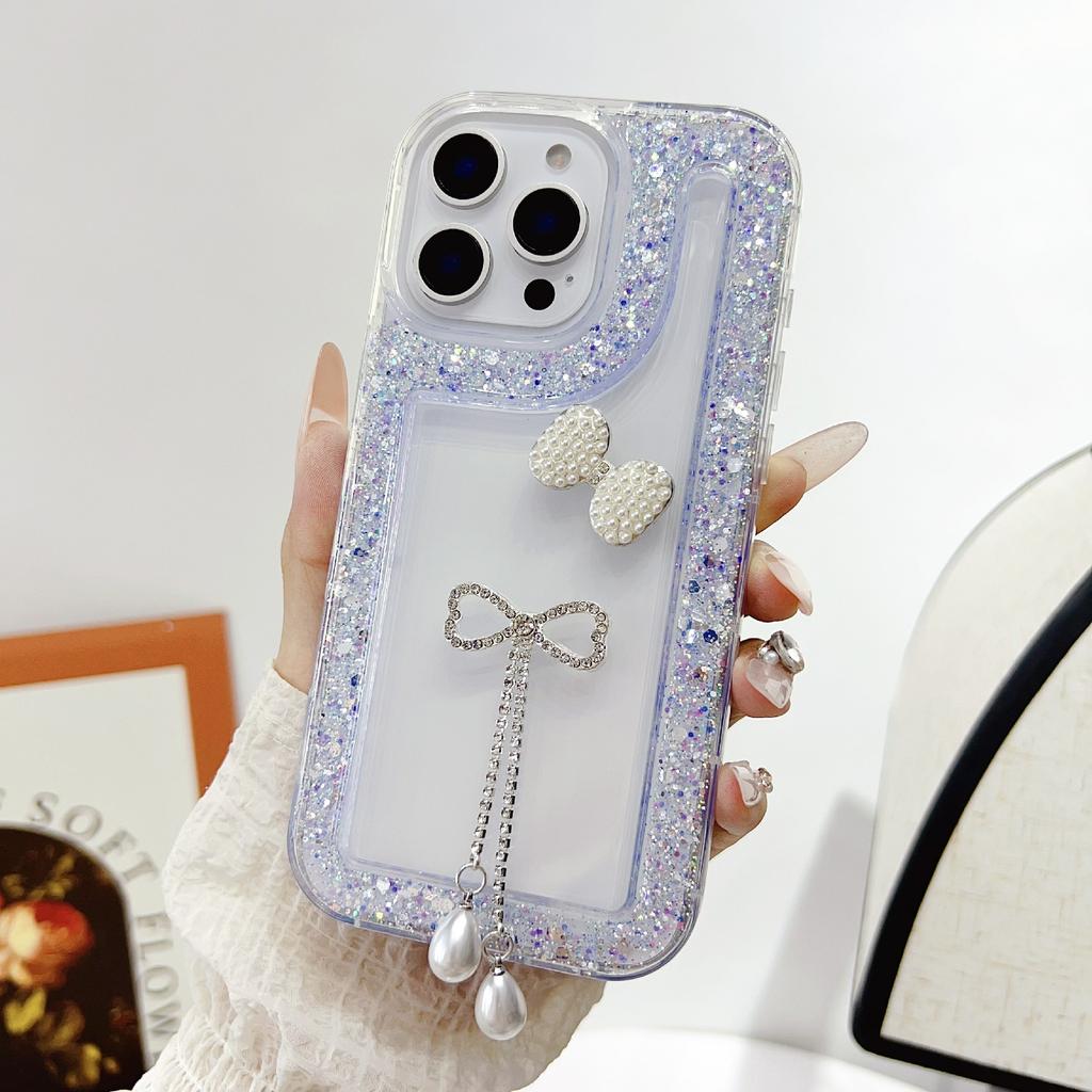 For iPhone 16 Pro Max Case with Bow Decor Glitter Rhinestone Epoxy Design TPU Phone Cover