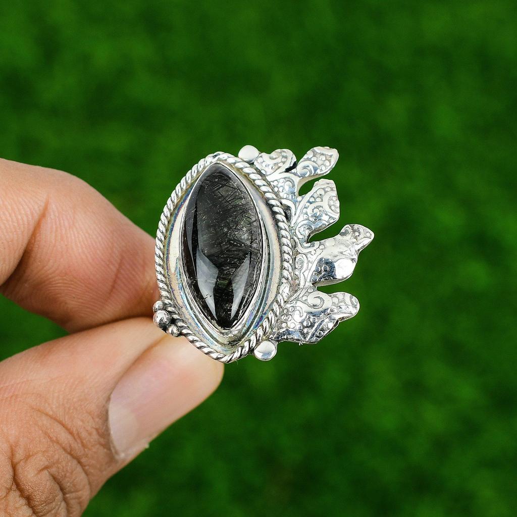 Натуральный камень Рутил Черный 925 Серебро Кольцо Обещания Регулируемое для Женщин