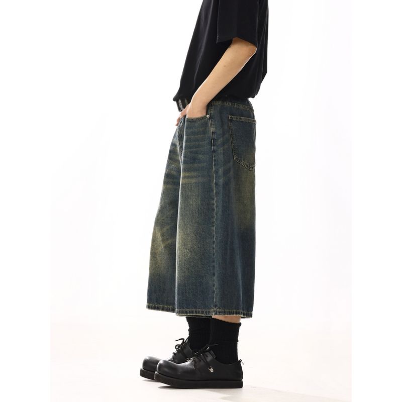 American Retro Denim Cropped Pants Male and Female Trendy Brand Washed Fancy Loose Easiest for Match Casual Wide-Leg Denim Shorts Denim Shorts