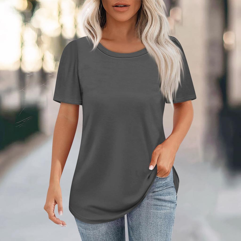 Women's Fashion Casual Solid Color Round Neck Short Sleeve T-shirt Tops