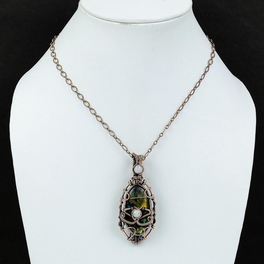 Подвеска с лабрадоритом от сглаза, медная проволока, подвеска с радужным лунным камнем, ювелирное изделие ручной работы, дизайнерский кулон, драгоценный камень, подарок для нее