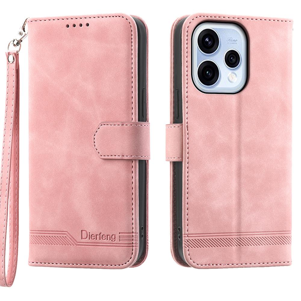 DIERFENG DF-03 For Oppo Reno15 5G (Global) / Reno15c 5G (China) Leather Case Lines Imprint Wallet Phone Cover with Wrist Strap