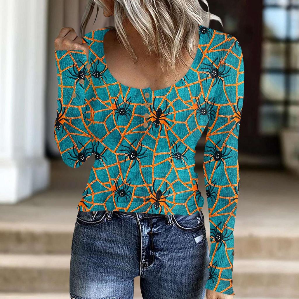 Женский модный повседневный свитер с длинными рукавами и принтом на пуговицах в стиле Хэллоуина