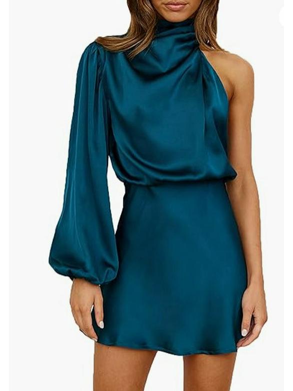 Весеннее женское мини-платье из сатина на одно плечо с длинными рукавами 2024