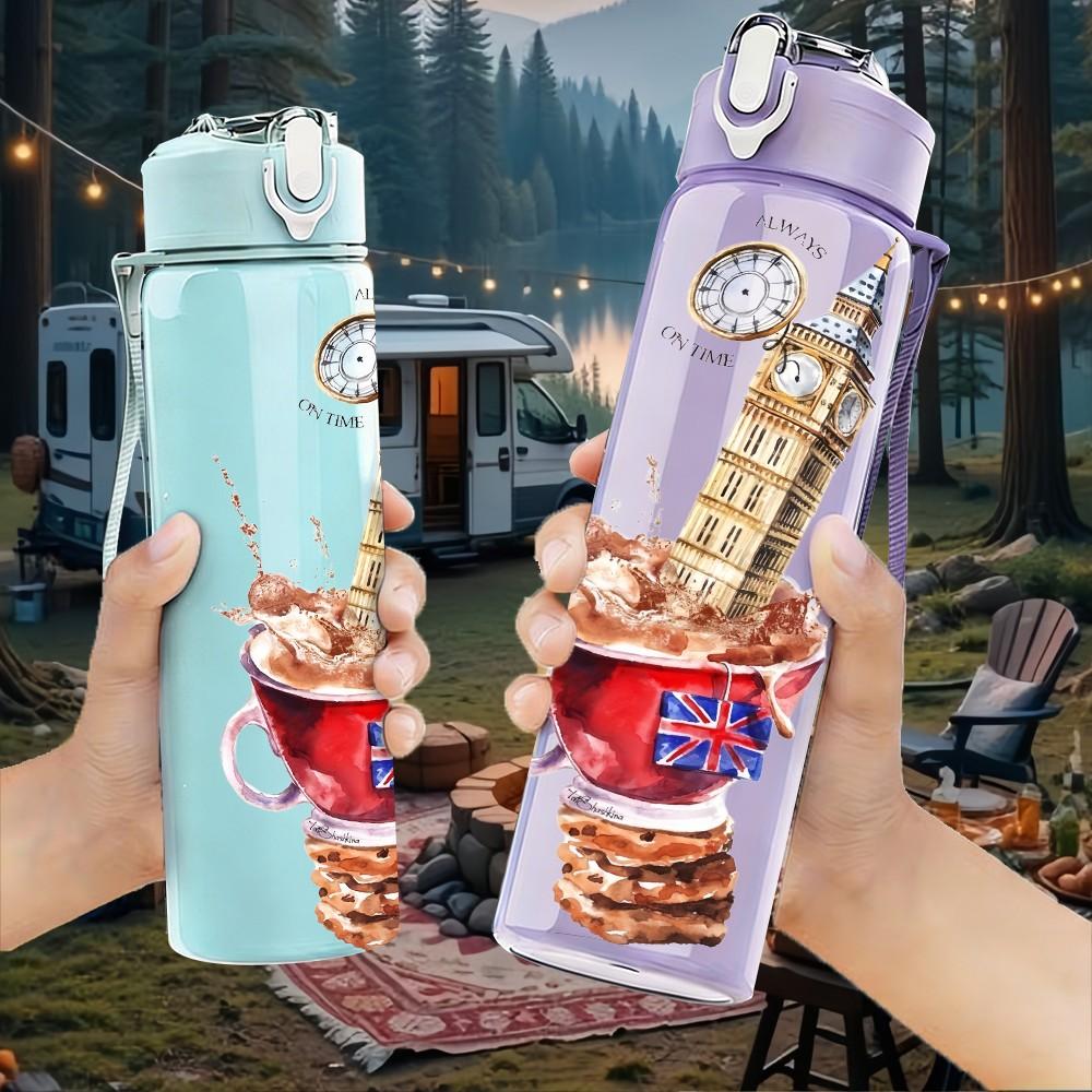 1PC Waffle Ice Cream Dessert Pattern 750ml Color Plastic Sports Water Bottle Leakproof Flip Straw Lid Suitable for Sports Office Home Use