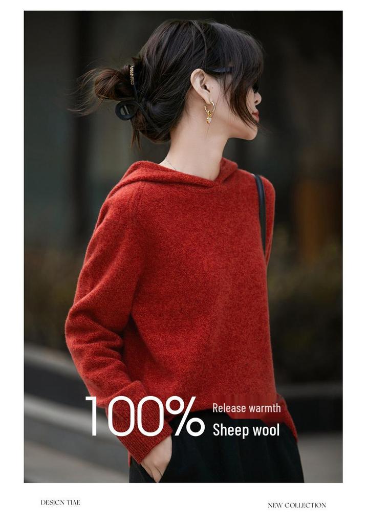 Cozy 100% Ultra-Fine Wool Hooded Drop Shoulder Sweater for Autumn and Winter
