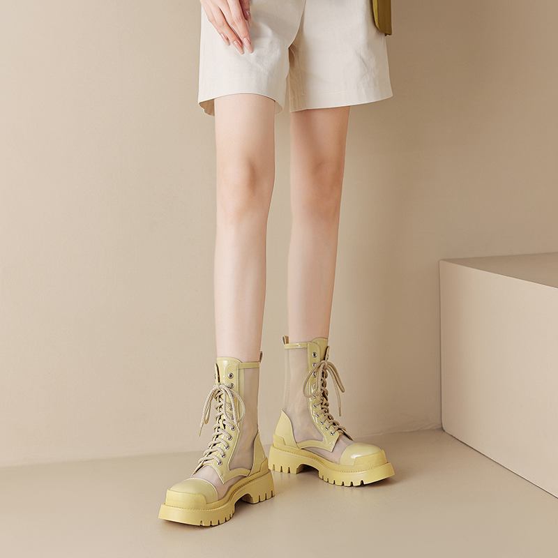 Krazing Pot Летние ботинки из овчины с круглым носком, модные ботильоны из воздушной сетки с заклепками и перекрестной завязкой