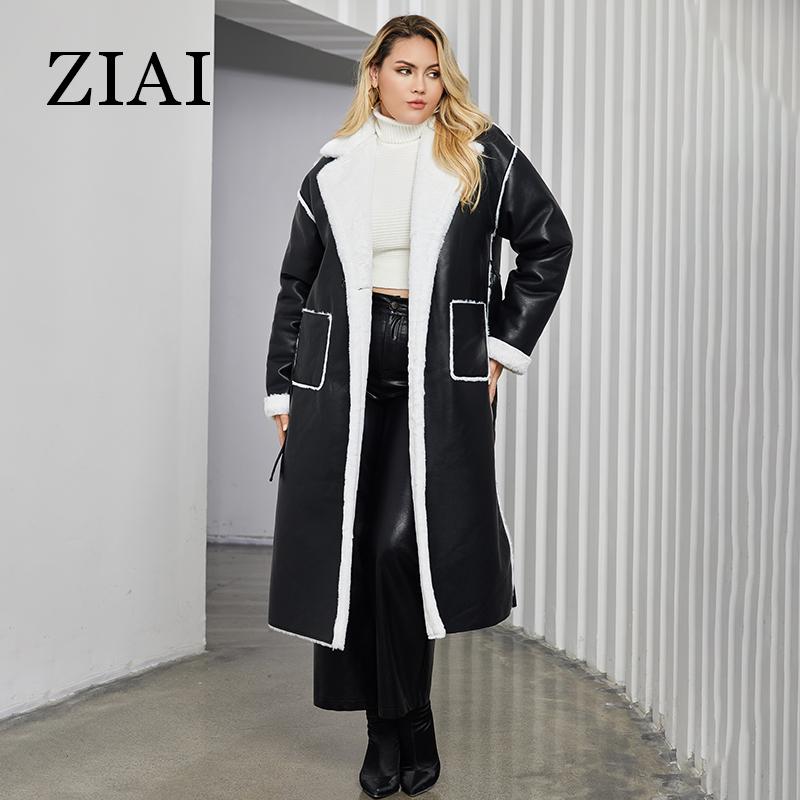 ziai 2024 Winter Faux Leather Jacket Women Long Warm Plush Fur Collar Padded Coat Fashion Pocket Cotton Female PU Parkas K18