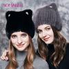 Natural Mink Fur Hat ForWomen Cute Cat Ear ThickWinter Hat Female Fashion Fur Knitted Beanie