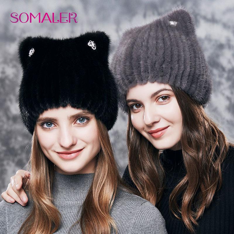 SOMALER Natural Mink Fur Hat ForWomen Cute Cat Ear ThickWinter Hat Female Fashion Fur Knitted Beanie