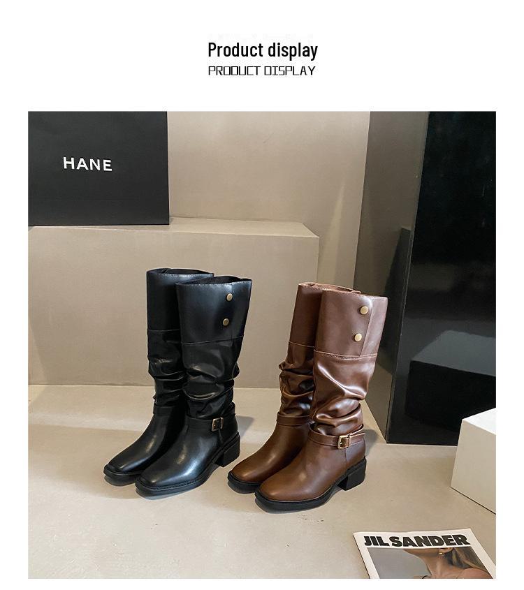 Women's Cowhide Retro Thick-Soled Over-the-Knee Western Boots with Two-Way Belt Buckle and Stacked Heels