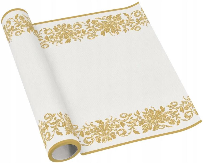 Bieżnik Flizelinowy Airlaid Biały Złoty Ornament Komunia Chrzest 40X500Cm