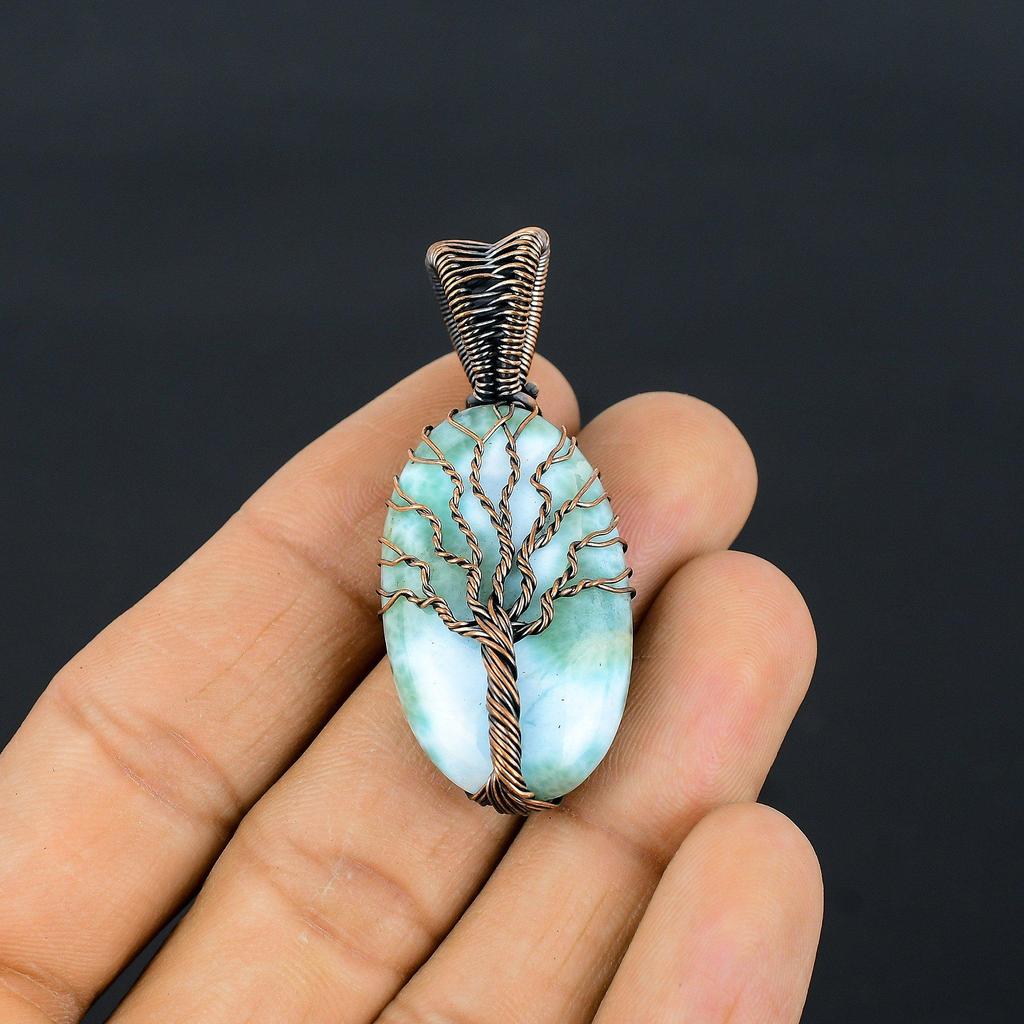 Древо Жизни Ларимар Драгоценный Камень Медная Проволока Обертка Кулон Ручной Работы Ювелирный Подарок Для Любви