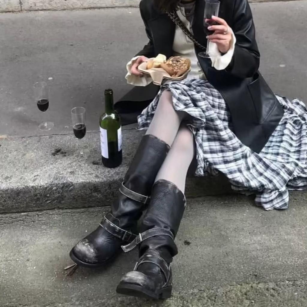 Cowhide Version~ Genuine Leather Polished Heavy Industry Old Stacking Boots Women's Belt Buckle Two Wear Retro Style Knight Boots Outdoor Boots