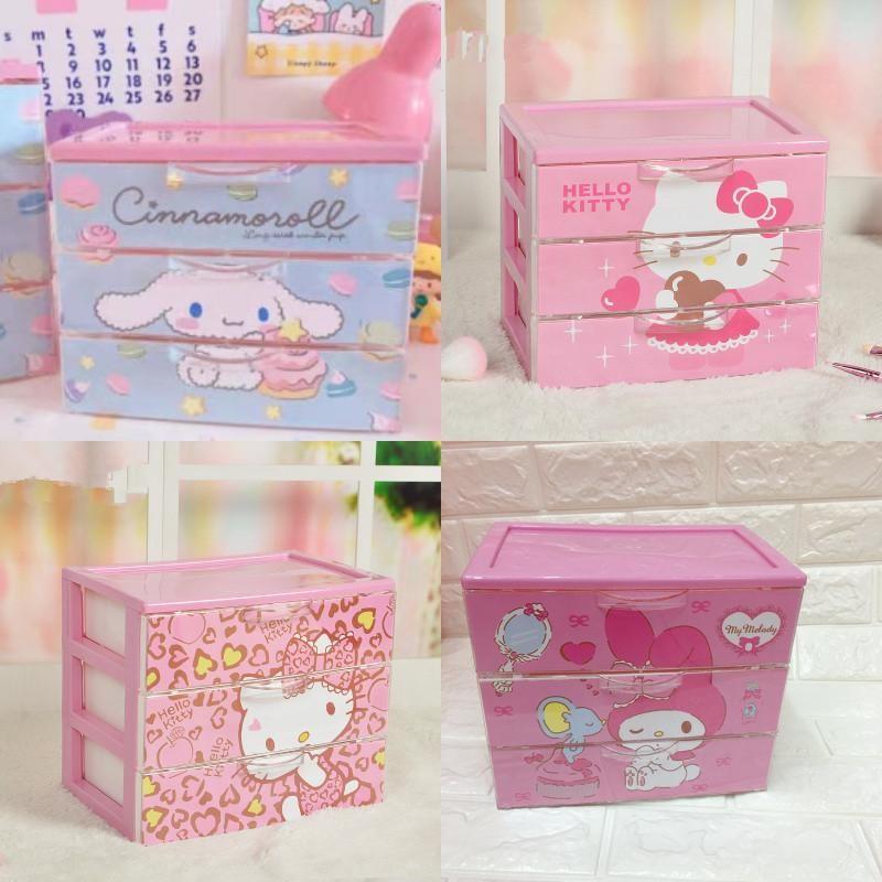 Hello Kitty Leopard Unicorn Melody Pattern Three Layer Drawer Style Storage Box For Desk Organization