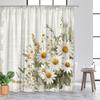Антикварная шторка для душа с букетом маргариток - Цветочный узор с текстурой винтажной бумаги, Белые и желтые маргаритки, Полиэстеровая ткань