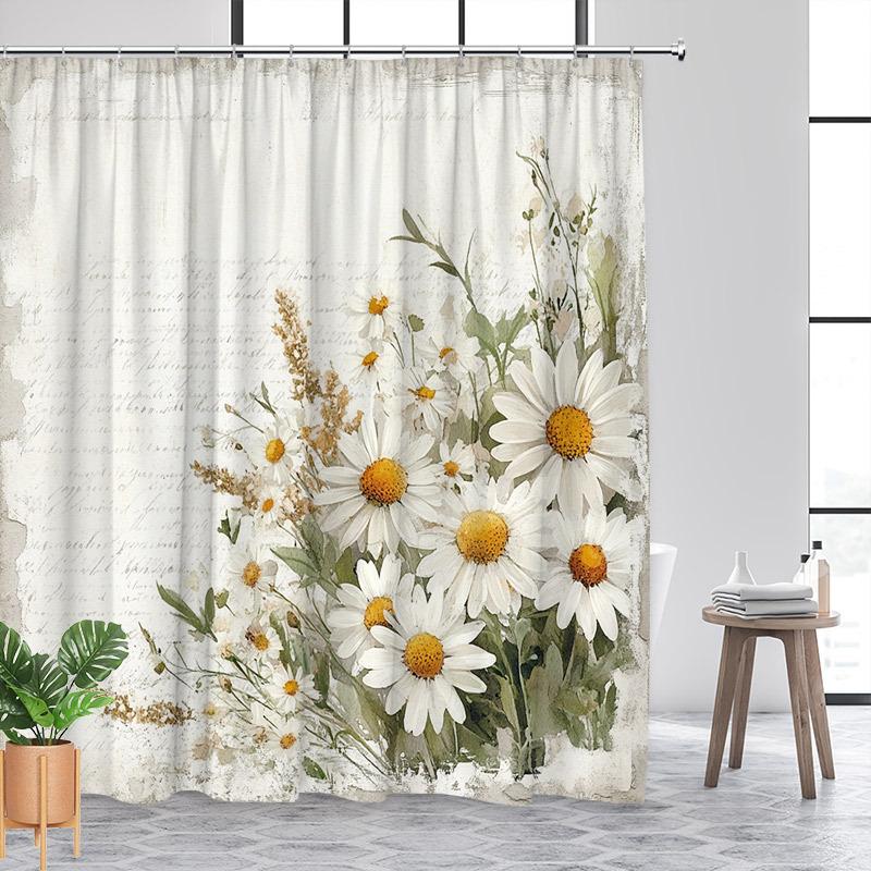 Антикварная шторка для душа с букетом маргариток - Цветочный узор с текстурой винтажной бумаги, Белые и желтые маргаритки, Полиэстеровая ткань