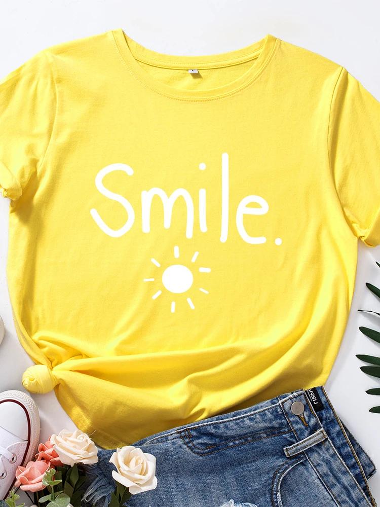 Футболка с принтом «Sun Smile» для женщин с коротким рукавом и круглым вырезом, свободная летняя женская повседневная футболка, топы, Camisetas Mujer