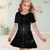 Little Girls Round Neck Short Sleeve Black Gold Printed A Line Flared Dress