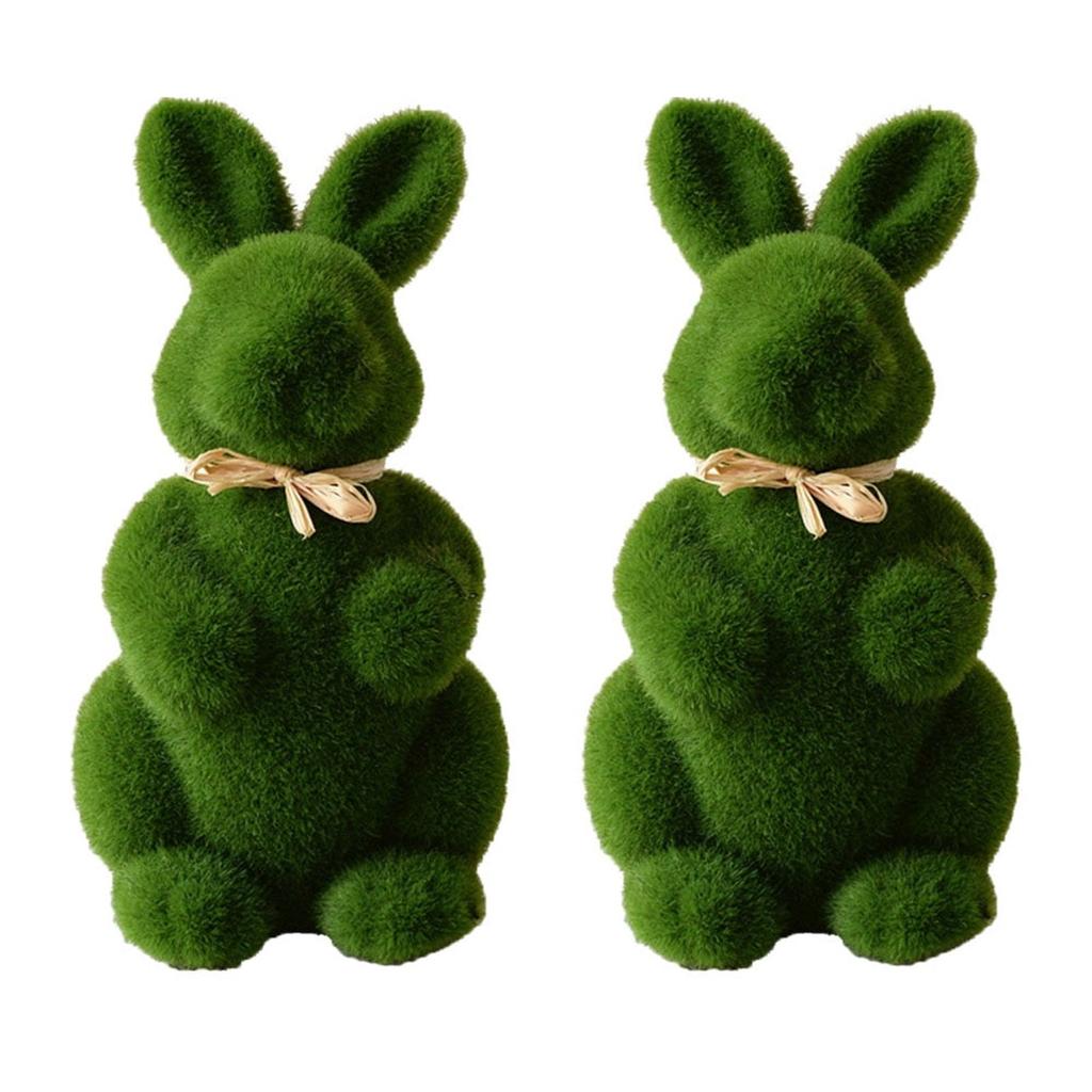 2Pcs Easter Furry Flocked Bunny, Artificial Moss Rabbit Easter Table Decor, Holiday Easter Figure Statue Spring Garden Decorations