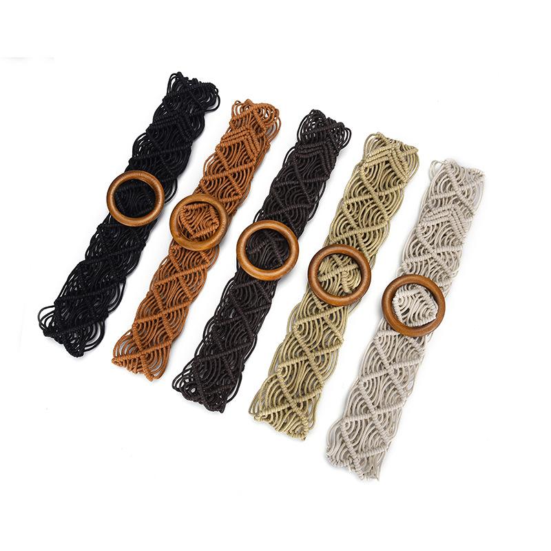 Retro Wax Rope Knotted Woven Wide Belt Belt Large Round Buckle Ethnic Style Super Wide Waist Seal Decorative Belt